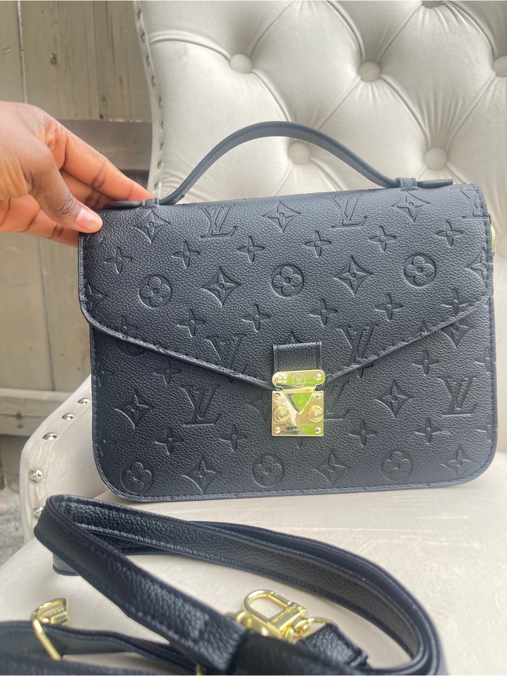 Luxury Designer Black Embossed Satchel with Gold Hardwar